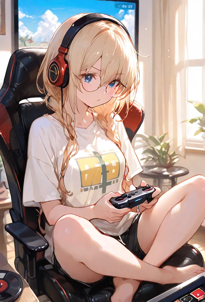 1girl , masterpiece, best quality, t-shirt, black shirt , indoors, short hair, yellow hair, living room, hair between eyes, large breasts, playing games, game controller, , sitting on person, angry face , red eyes, screaming , open mouth , very angry , shouting , from below , headset