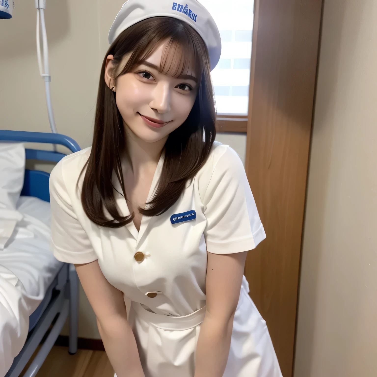A breathtakingly beautiful 20-year-old woman stands in a warmly lit hospital room, dressed in a white mini-skirt nurse uniform with a matching cap. Her shy smile adds a touch of charm, while the surrounding medical equipment and furnishings create an authentic yet welcoming atmosphere. Long hair, dark hair, dark eyes.