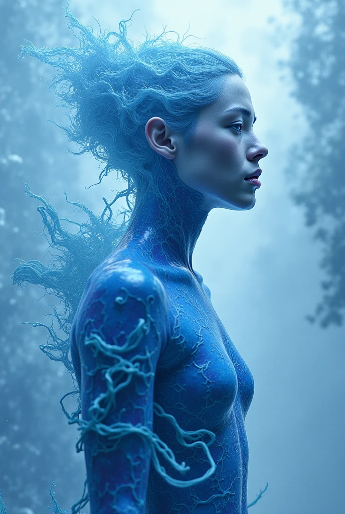 Movie effect，high-resolution details，HD wallpaper，offcial art，（(Translucent humanoids))，The body glows，Walk on the water and think，Forest Weed，Light and shadow effect，breathtaking scene，Close-up décolleté