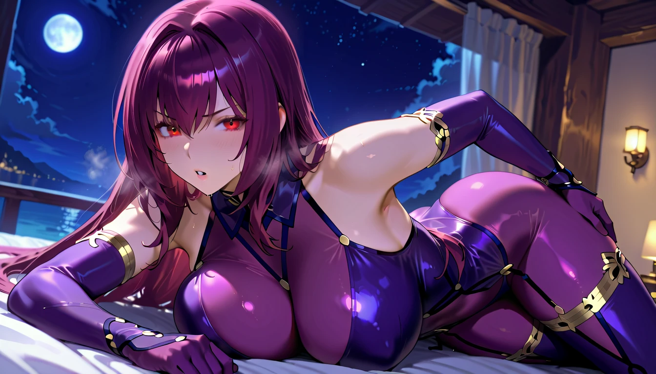 ((highest quality, masterpiece, 4k, finely detailed, detailed eyes, detailed face, intricate details, gelbooru, pixiv)), warm lighting, ((solo)), 1girl, ((long curly purple hair, twin buns, demon horns, bangs with big middle piece)), ((purple eye color, gentle eyeshape)), seductive strong pose, looking at viewer, lips slightly parted, full liüs smiling, purple color scheme, big soft breasts, (top with boob window, hot pants, stockings, modern clothing), (((scar on nose))), neo fantasy background