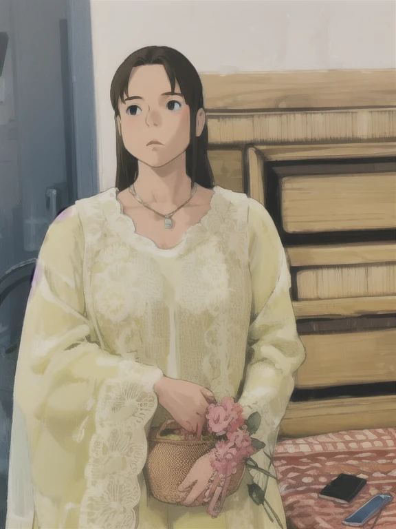 Anime. 1 woman. Young woman. 35 years. Sick. Lying in bed. Full height. Full body. Salts flow from the nose. Compress on the forehead. thermometer under my arm. Sweat. I peed myself. I crap myself with diarrhea.