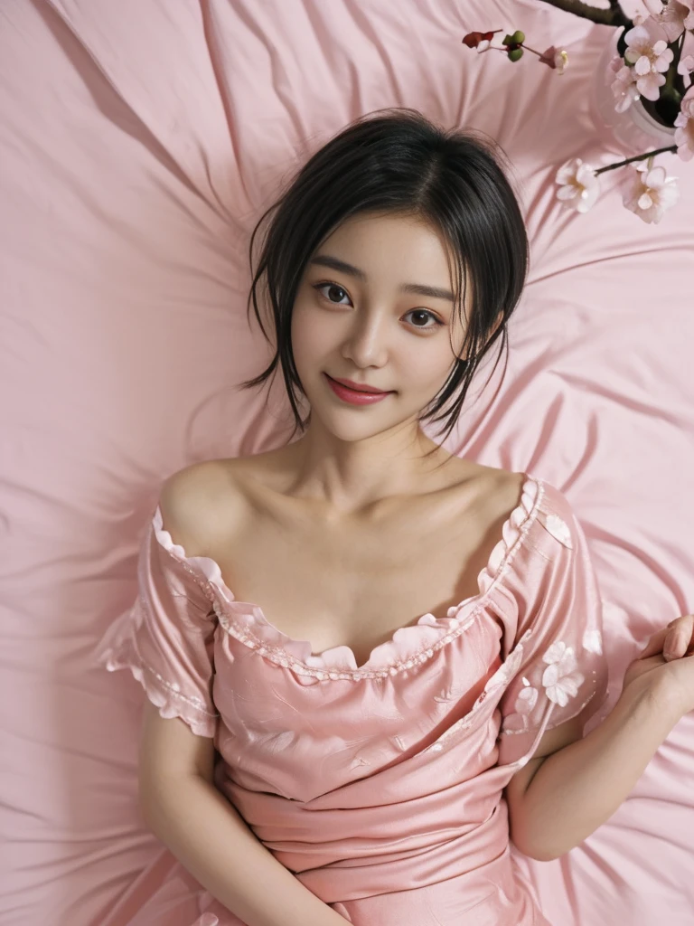1girl, extremely cute face, Amazing face and eyes, (highly detailed eyes, highly detailed face), Fresh, very clean appearance, (hyper-realistic, hight resolution), (best Quality:1.4), Raw photo, (Realistic, Photorealsitic:1.37), Professional Photography, Cinematic Light, (floral pattern nightgown:1.25), (medium breasts:1.1), (open nightgown), (bare shoulders), Smile slightly, (Lying face up in the futon:1.5), (staring at me), Bedroom, futon, pillow, floral patterned screens, relaxing, lantern light,