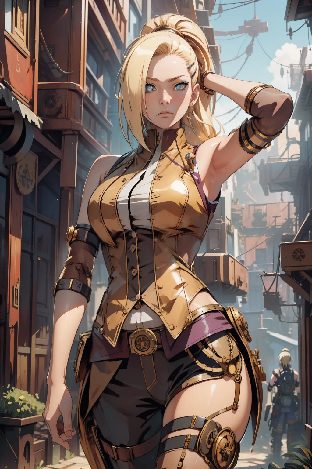 Masterpiece, stunning realistic, best quality,ino yamanaka, blonde, ponytail, wearing sleeveless steampunk clothes, in a steampunk city, steampunk punk world, in the middle of steampunk city filled with steampunk building