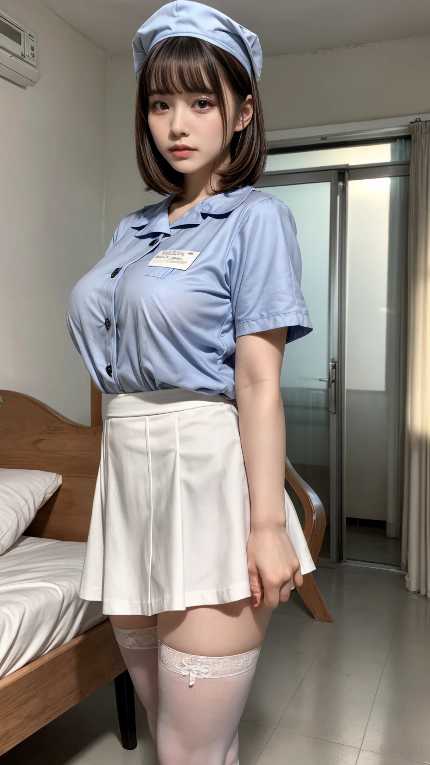 (Traditional white nurse uniform、Small plain nurse cap、White pencil micro mini skirt、Pencil Mini Skirt、Black Hair、smile、Inside the hospital、Knee-high socks、Short sleeve、Groin、Her big breasts are about to burst out of her clothes)、ass、Professional Lighting、thin、Adult female、Captivating thighs、Clothes with visible body lines、Crouching