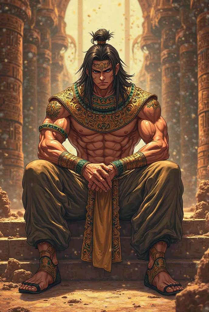 The image is a portrait of the Hindu deity Krishna, also known as Lord Krishna. He is depicted as a Hindu deity, sitting on a throne and playing a flute. Krishna is wearing a traditional Indian outfit, with a white turban on his head and a gold necklace and earrings. His face is painted black and he has a serene expression on his face. The background is dark, with green leaves and plants surrounding him. The overall mood of the image is peaceful and serene.