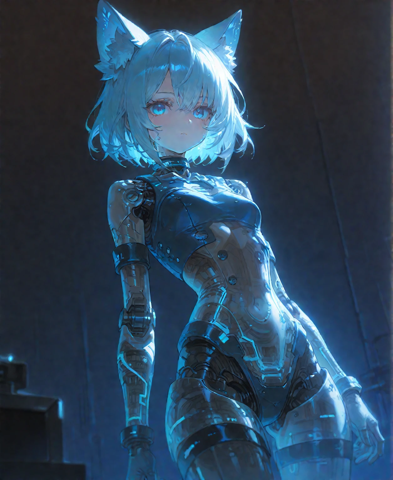 (Masterpiece, Slim Body, Delicate Fingers: 1.2), Best Quality, (Illustration: 1.2), (Hyper Detail), Eye Focus, Ultra Detail, (Fine Detail), (Intricate Detail), HDR, (Ultra Detail: 1.15), (Soft Light: 1.2), 1girl, (tactical outfits:1.5), (fantasy outfit:1.5), (bodysuit:1.5), (bare shoulder:1.5), (body injury:1.5), (wound:1.5), (holding wound:1.4), (short pants:1.5), (White hair and blue highlights:1.5), (light blue eyes:1.3), medium, short hair, solo, (small breasts:1.3), masterpiece, (blushing:1.1), best quality, highly detailed, fullbody image, kwaii, (blue inner hair:1.2), (two-tone hair:1.5), (blushing face:1.4), , (perfect hands, perfect anatomy), (cat ears:1.4), (cat tail:1.5), (sleeveless:1.5)