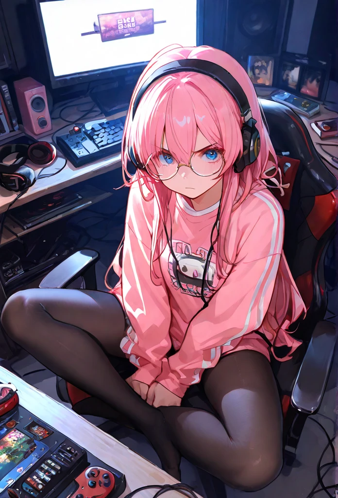 ((Masterpiece, best quality, high quality, very detailed CG uniform 8k wallpaper, very detailed, detailed background, shiny hair,)), 1girl, grin, open mouth, blush, pink lips, long hair, eyes, big tits, ((gamer girl, white hoodie, pink mini skirt, cat headphones)), sitting on a chair, computer desk, monitor, high contrast 