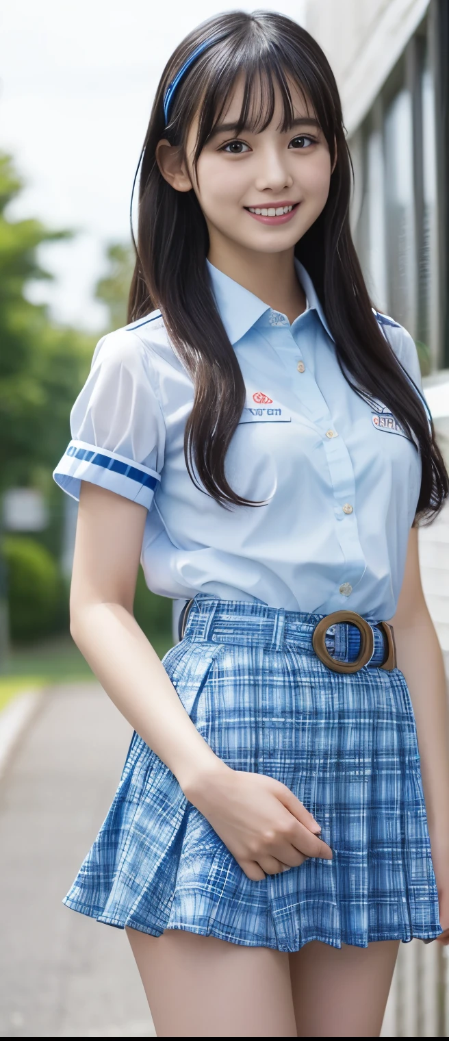 Pure Drenched Idol Girl、A pure girl's face、 hypo、、wet blue and white checkered miniskirt sheer uniform(Summer shirt)、、school belt、Fresh expression、