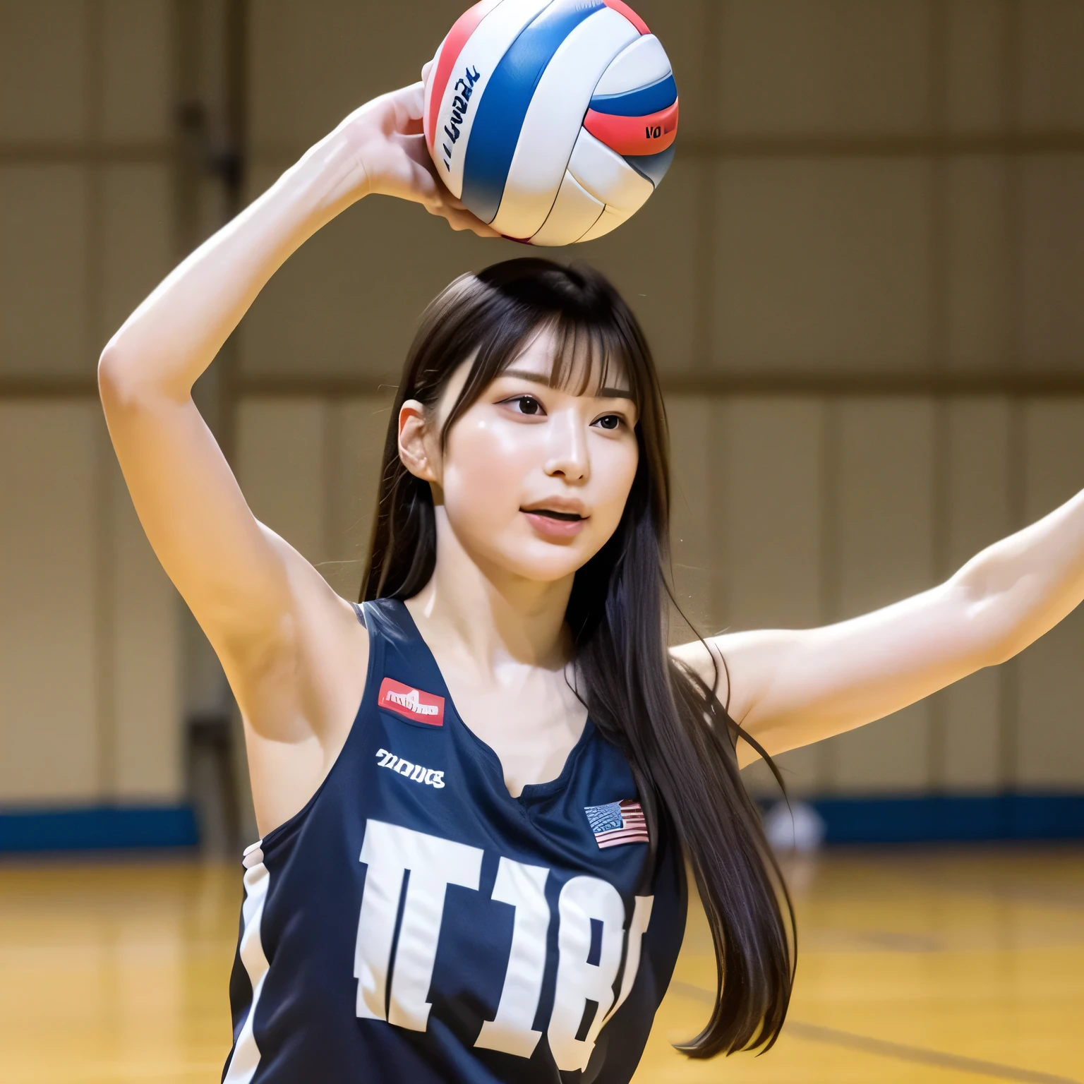 A breathtakingly beautiful 20-year-old woman soars into the air on a volleyball court inside a brightly lit gymnasium, preparing to spike the ball with precision and power. Her athletic form is accentuated by a sleek, form-fitting uniform, and her intense gaze remains locked onto the target. The polished wooden floor reflects the motion, enhancing the dynamic energy of the moment as she displays her skill and determination. Long hair, dark hair, dark eyes.