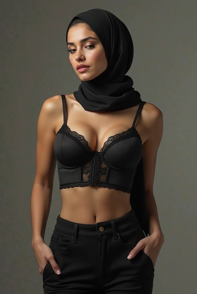 une femme maigre, porte un long hijab,  un soutien-gorge de sport, leggings serrés, poitrine grosse, taille moyenne des fesses, beau cul, pose libre, qualité réaliste