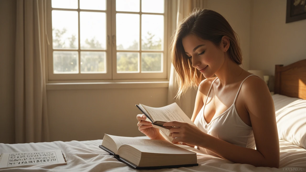 38 year old blonde woman with green eyes and ponytail sitting on bed reading a notebook wearing a white t-shirt and jeans