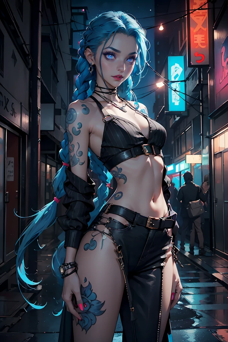 (((of the highest quality: 1.4))),(incomparable masterpiece ever), (ultra high definition),(Ultra-realistic 8k CG), Official Art、 (((adult body))), (((1 girl in))), jinx arcane, uma mulher com hair blue e tatuagens, cyberpunk woman anime woman, pants, Beautiful angry cyberpunk goddess, cyberpunk artstyle, cyberpunk anime digital art, cyberpunk anime art, Arcane Jinx Retrato, cyberpunk anime art, cyberpunk themed art, cyberpunk dark fantasy, arcane style, 1 girl, stars tattoo on arm, asymmetrical bangs, bangss, hair blue, blue braids, brown shirt, stars tattoo, front on, crazy smile, hair blue, long hair, pink eyes, Red lips, standing , cloud tattoo, Twin braids. Arcane Jinx. Garota de hair blue, garota de Twin braids, Jinx in a burning place, spark, spheres of light, Film Poster, Jinx, Arcane\(league of legends\ carrying a large hammer weapon