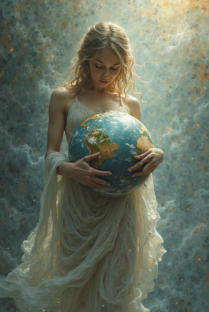 Create an image featuring a humanoid figure appearing to be made of stardust, where one can discern wisps of nebulae and constellations within this form. This figure has hair and is delicately holding the Earth in one hand. The Earth itself is teeming with diverse forms of life, represented through miniature depictions of various plants and human figures of diverse descents and genders dotting the landscape. In the other hand, this figure holds a different, unnamed planet. The background is a vast expanse of space, with the radiant sun on one side of the Earth and the moon casting its cool glow on the other side., , thigh, short skirt, sexy