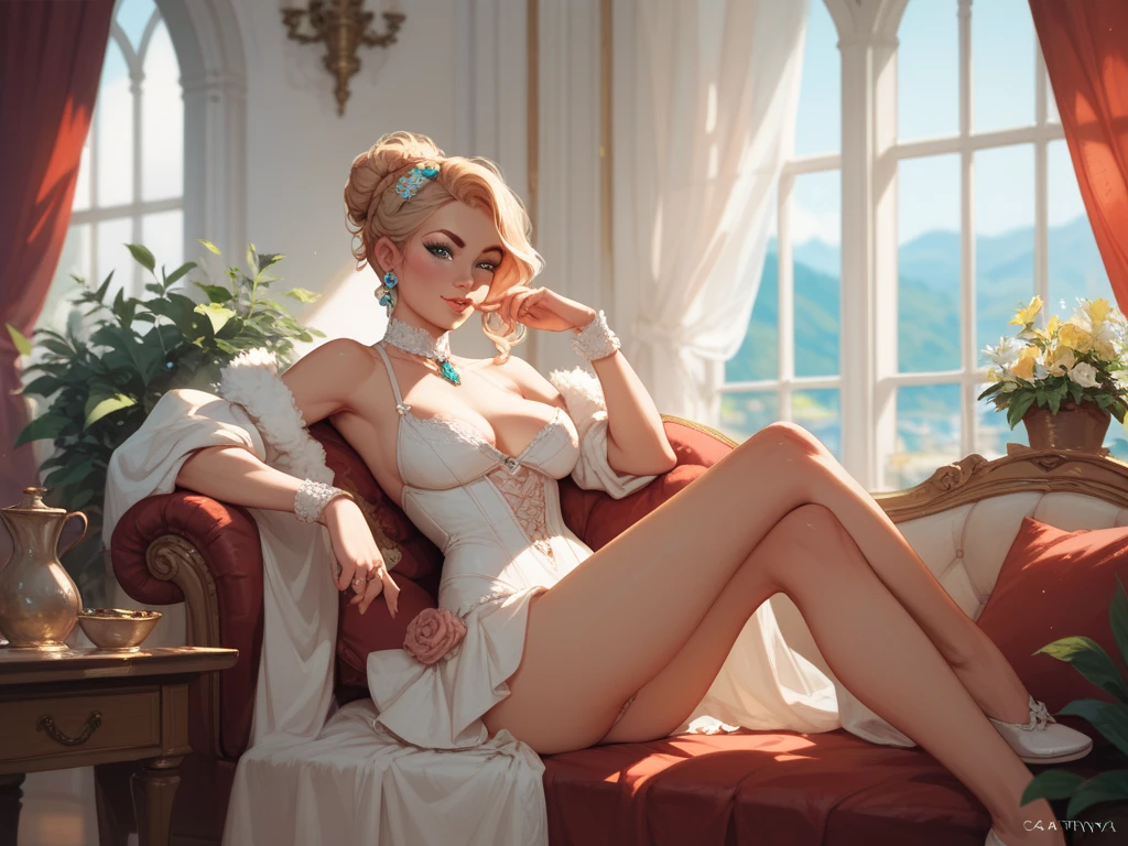 Masterpiece: 1.5), (Best Quality: 1.5), ((full body)), 1girl, elsa, solo, gray wrap updo hair, huge breasts, makeup, parted lips, upper body, lips, blue eyes, realistic, collarbone, lipstick, eyeshadow, perfect face, perfect eyes, subsurface scattering, huge breasts, saggy breast, tense nipples, wide hips, wearing ((beige satin negligee)), lying, on sofa, white room studio, ultra-high details, clear background, front view