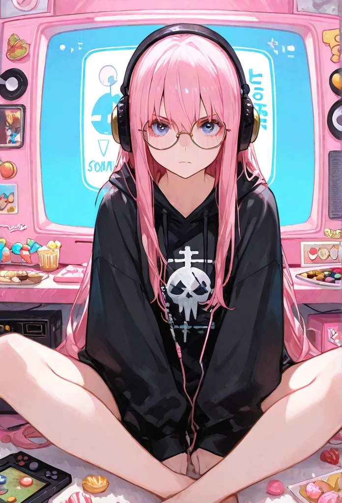 (((masterpeace))) fullllbody(1 girl) (pink hair, long hair, Straight Hair, both sides up) (green eyes), beatutiful face, eyeshadow, eye liner, Glistening Eyes, hyper detail eyes, intricate eyes, beautiful eye, detailed eye, ((star-shaped pupils, sparkling pink pupils)) 18 year old girl. Mokomoko pajamas、headphones、Playing a game、Have a game console、Have a game controller、PC monitor、Sitting on a chair、Agra