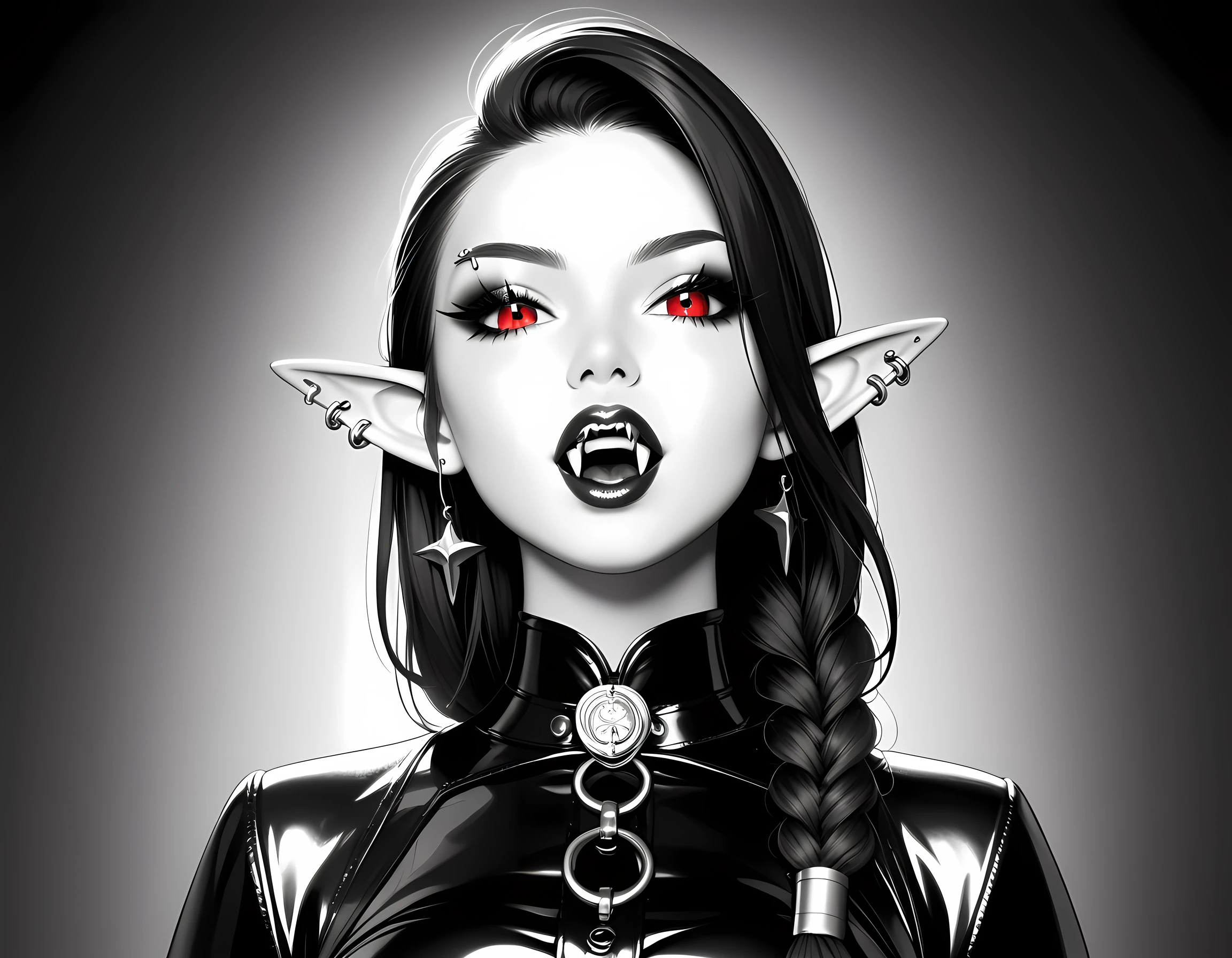 score_9, score_8_up, score_7_up, goth black and white anime portrait (only colors red and black, pink: 1.4), a picture of a goth elf dominatrix queen , best detailed face, small elf ears, long braided hair, hair pulled back, red eyes, small pointed ears wearing latex pink mini dress, stockings, high heels, modern bedroom background, (black and white art: 1.5) mostly black and white, best details, best quality, 16k, masterpiece, best quality, (extremely detailed), ultra wide shot, photorealism, (only colors red and black), vampyfangs1, fantasy, Cinematic Shot