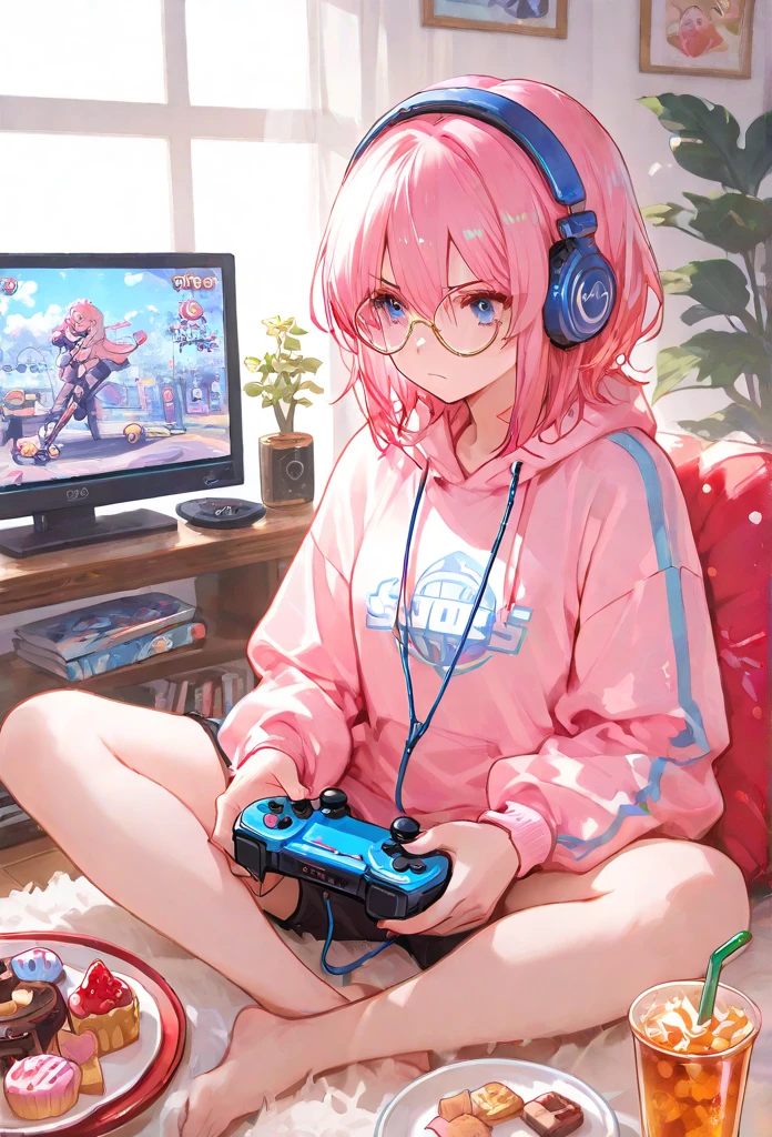 Please draw a scene of Kawaii playing a video game.。With a smile、Sitting on the couch with a game controller in hand、I have headphones on。In the background, a cozy room is depicted.、You can see the game monitor and decorations。Dressed casually、The colours used throughout the room create a bright and cheerful atmosphere.。