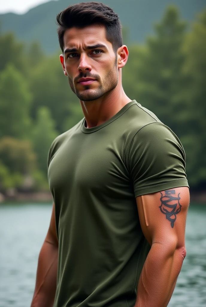 (masterpiece, 4K, ultra detailed), Jason Voorhees, dark hair, two blogs haircut, single, Jason's white mask, masculine, lake, realistic, shirtless, muscular, eight-pack, red shorts