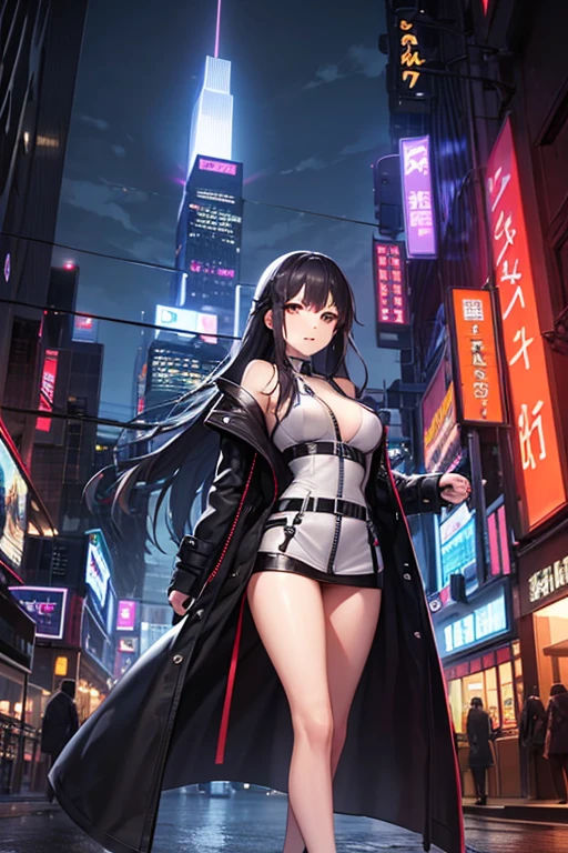 A woman in a black and white outfit is posing on a roof, Half Yamada, Tokyo Cyberpunk Night on the Roof, Chubby, On a rooftop at night in Tokyo, shikamimi, Shot with Canon EOS 5D Mark IV, Ayaka Cosplay, , Neo Tokyo, Shot on a Canon 80d, at night!!, Chiho