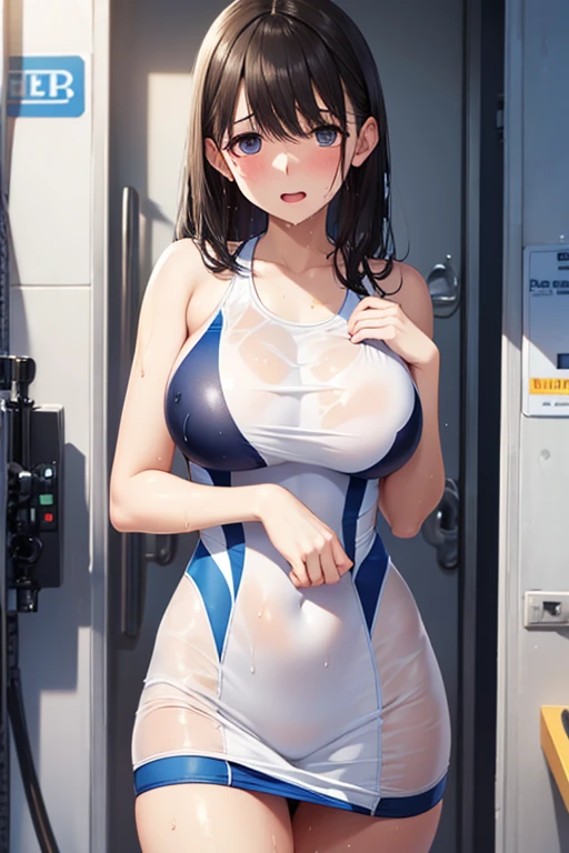 (Magazine Cover:1.8)、Open crotch、 pretty 1girl, top-quality、The ultra -The high-definition、hight resolution、extremely details CG、8K Unit Wallpapers、20yr old、Beautiful detailed eyes,Platinum Blonde Hair、pigtail hair、(((Competition swimsuit with lines、competition swim suit)))、(Shiny body,:1.5)、 (Ahegao:1.5)、(Stick out your tongue)、(Cosplayer Enako)、