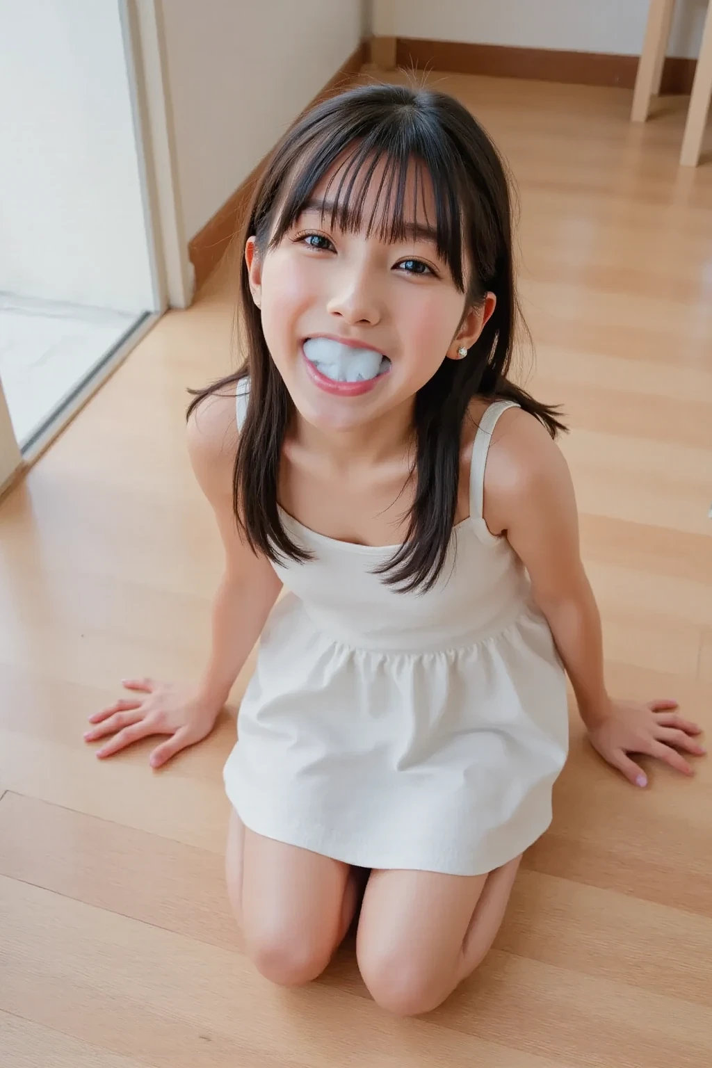 ollarbone,pink t-shirt,off-shoulder look,bare shoulder,Denim mini skirt,open mouth,tongue out,cum on tongue,Black sofa,Kneeling,looking ahead,from above,flont view,face focus,open mouth,tongue out,(1girl,Beautiful 14 year old girl),((Slender,Small breasts,Small face,)),looking at viewer,Black Hair,bangs,straight,Beautiful and detailed,Mischievous smile,Dimly lit room,Simple Background,Black background,Low lighting