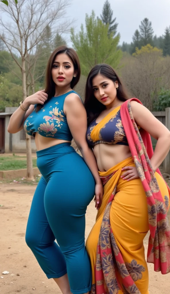 a RAW Photo of girl, (masterpiece:1.1), best quality, ultra high res, high detailed, (photorealistic:1.4), sharp, face detail, (eyebrow piercing:1.1), detailed eyes, detailed face, tied hair:1.2), (huge breasts:1.1), indian wedding in background ,yellow saree, (Huge ass:1.1), 