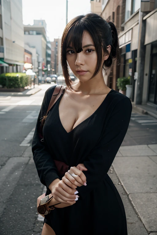 woman, detailed short messy black hair, mid shot, solo, wearing black dress, large breasts, very dark tan supermodel, beautiful face, blue eyes, detailed body, perfect eyes, perfect face, daytime lighting, detailed shadows, HDR, photoreal, well lit, japan scenery, lofi girl