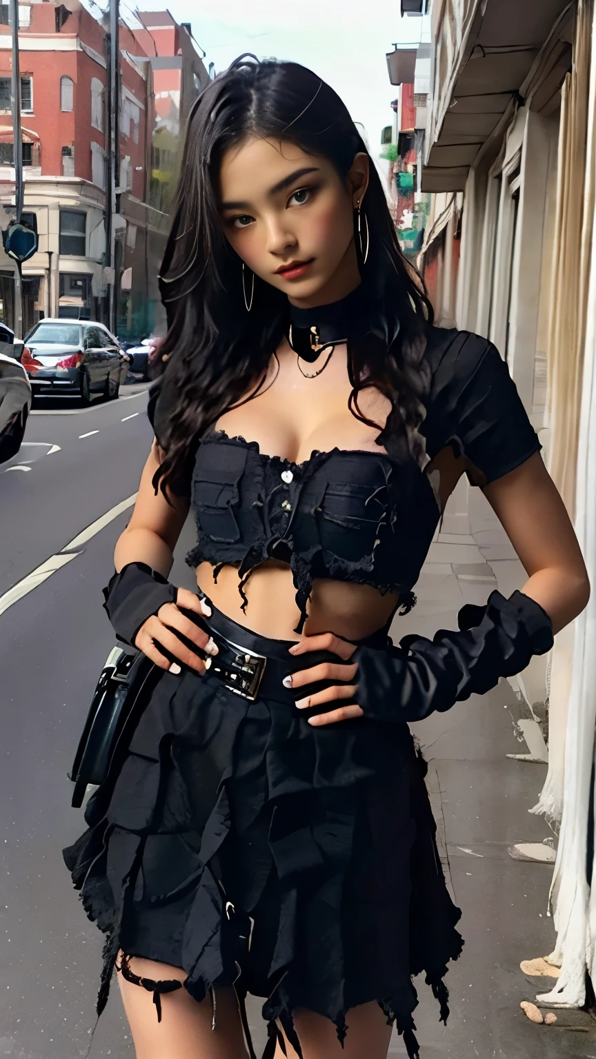 (masterpiece, best quality, 8k:1.2), (an extremely delicate and beautiful), (reality:1.3), extremely detailed wallpaper, super fine illustrations, (perfect face, perfect eyes, symmetrical eyes), (an extremely delicate and beautiful girl), beautiful detailed eyes, finely detail, delicate face, masterwork, 1girl, delicate details, highres, ((highly detailed face, beautiful detailed face)), an extremely delicate and beautiful face, intricate detail, complex details, ultra-detailed, solo, (medium breasts:1.4), sexy, one girl, Beautiful breasts、 Brown eyes, blonde, girl, looking at the viewer, thighs, (cowboy shot), (street rock fashion, (black clothes:1.3), ripped skirt, fingerless gloves, fedora, belt, natural lips, earrings, heavy makeup, street corner),
