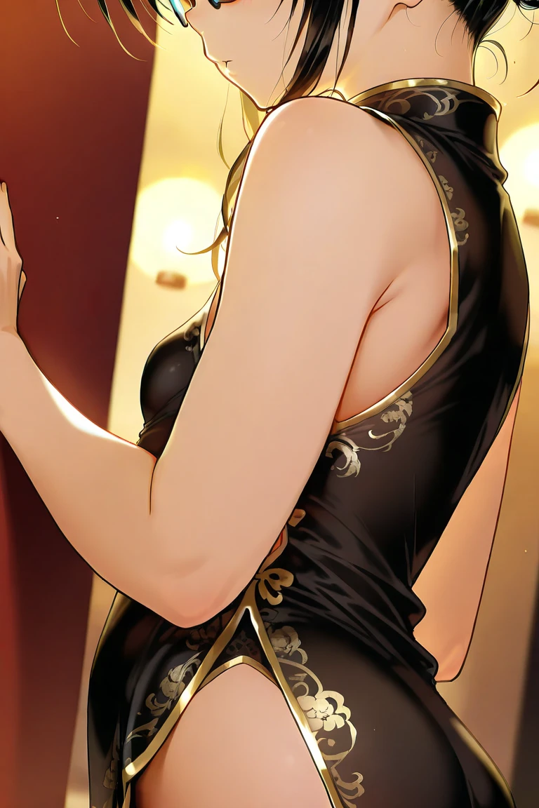 (nsfw:1.5),High resolution, adult woman , good lighting, despicable, , (No nudity), (((China dress))), (()), ((())), (garter belt), abdomen only, (huge breasts:1.2), , cute face, I'Iは恥ずかしくて赤面します, humiliating, ((look back)), ((See-through))()(T-back)(A large amount of material is attached to the body,)、(sexual fluid overflowing:1.5)