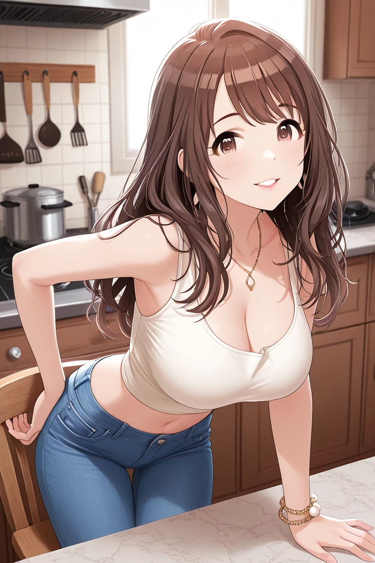 ((Tabletop, Highest quality, High resolution, , Pixel Perfect, 4K,))), 1 female, 、The whole body is visible、 ((Long Wavy Hair, bangs, Brown Hair)), ((Brown eyes, Beautiful eyelashes, Realistic eyes)), ((Detailed face, Blushing:1.2)), ((Smooth texture:0.75, Realistic texture:0.65, Realistic:1.1, Anime CG Style)), Medium sized , Dynamic Angle, Perfect body, (( , , White camisole、No bra、、 Tight Denim Shorts、、、)), Gold Hair Ornament、Cross Necklace、、Very embarrassing panic smile, 、、、、、Leaning forward、Nipplesightly visible、Sideboob、、Place your hands on the table、Stick your butt out、Luxurartment kitchen、、、、、、 、)、