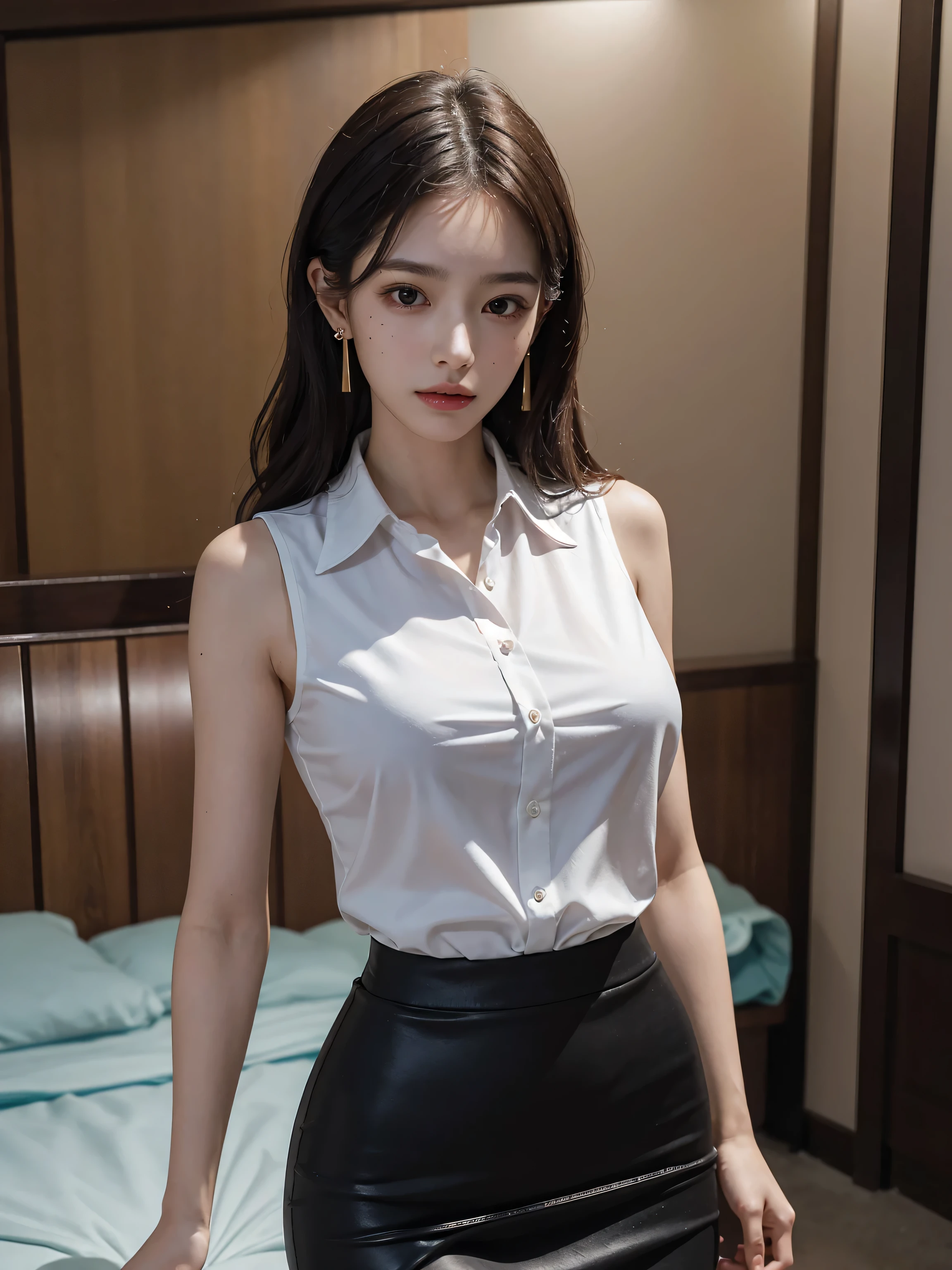 (very huge breasts, perfect anatomy:1.4), (sleeveless collared shirt dress:1.4), (short wavy hair, full body, from below:1.1), whole body, RAW photo, extremely delicate and beautiful, masterpiece, Best Quality, ultra high resolution, 16k, hyperrealistic, ultra-detailed, Very detailed CG 8k wallpaper, Beautiful Lighting, Perfect Lightning, Realistic Shadows, super Detailed shiny skin, perfect figure, Japanese woman, late 20s, Slim body, Slim abdomen, very small head, handsome detailed woman, very detailed eyes and face, realistic face proportions, Stunning detailed eyes, Realistic beautiful face, very small face, Realistic small beautiful eyes, double eyelids, makeup, tearful mole, mole on chest, earring, bare legs, beautiful and very thin legs, beautiful and very thin thighs, narrow waist, (cleavage, Soft midriff, Fine Collarbone, off-shoulder:0.1),