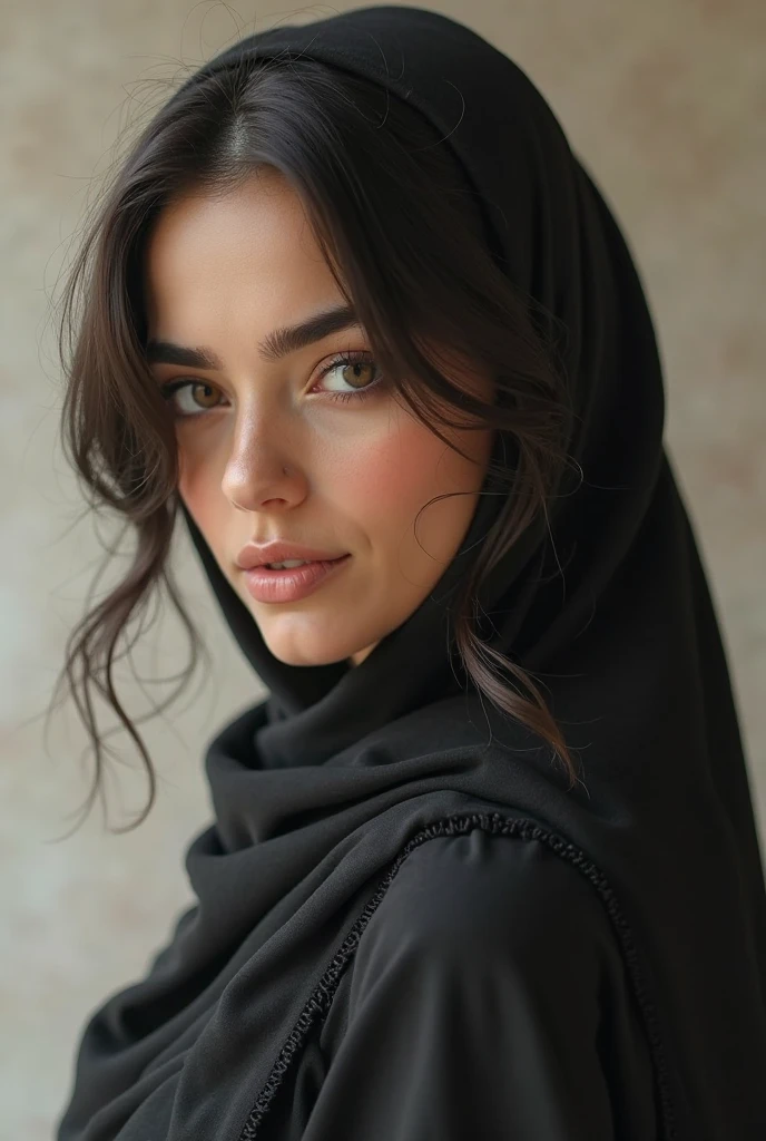 (Best quality,4K,8 K,a high resolution,masterpiece:1.2),ultra detailed,(realistic,photorealistic,photo-realistic:1.37),Muslim,super big breasts,radiant smile,attractively beautiful,black linen flows,black silk draperies,flawless fair skin,gorgeous eyes with detailed eyelashes,long flowing black hair,Relaxed and confident posture,subtle makeup,Soft and sensual lighting,Delicate lace details,delicate embellishments,Eye-catching,Seductive charm,stunning figure of the model,bright colors,seductively feminine,beauty of the middle east,studio setup