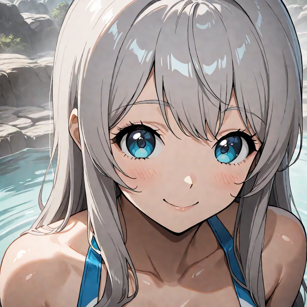 beautiful girl 26 years old silver hair. ojos rojos detallados. sonrisa confiada, rubor, pechos grandes. bikini rojo sangre. shy expression, fondo piscina escolar. cuerpo mojado.. reflejo en el agua . pechos grandes. alta calidad.