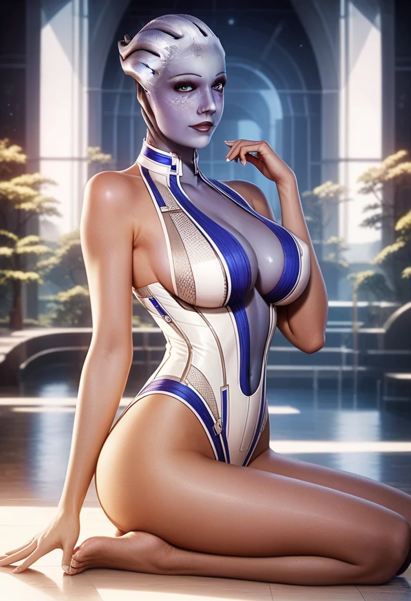 liara, asari, (thin, toned), blue skin, woman wearing plain white bra, white thong in spaceship, facing camera, 24mm, 4k textures, soft cinematic light, adobe lightroom, photolab, hdr, intricate, elegant, highly detailed, sharp focus, ((((cinematic look)))), soothing tones, insane details, intricate details, hyperdetailed, low contrast, soft cinematic light, dim colors, exposure blend, hdr, faded, large breasts