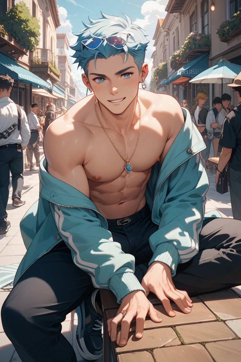 young slim shirtless man with blue hair on his back walks lost looking at a city he is 14 years old walks lost through the city
