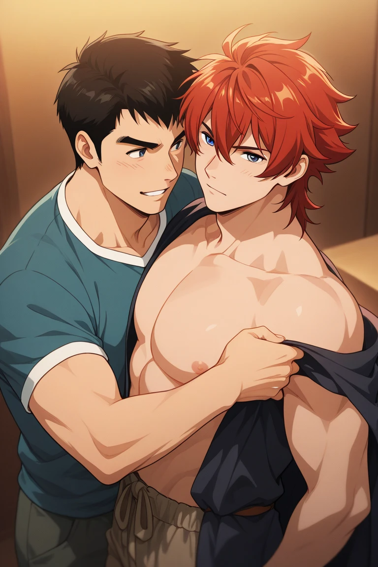 black hair, short hair, brown eyes, hair between eyes, ash ketchum, shirtless misty pokémon, orange hair, green eyes, side ponytail, masterpiece photograph of beautiful 18 year old couple naked, having sex, oral sex, taking a shower, wet skins, they're behind of a glass door