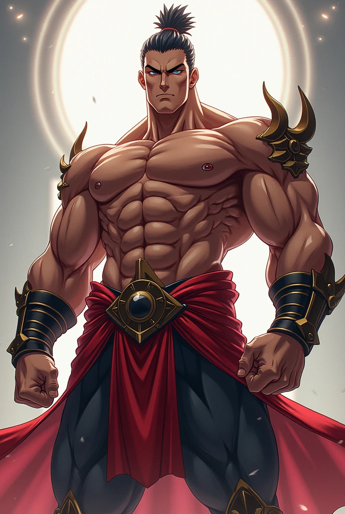 Broly is extremely handsome with deep red eyes standing straight in front of a dark neutral background. His short red and yellow hair is neatly cut, creating a perfect image for his angular face. With a confident and decisive attitude, he shines with golden light, making him truly majestic.