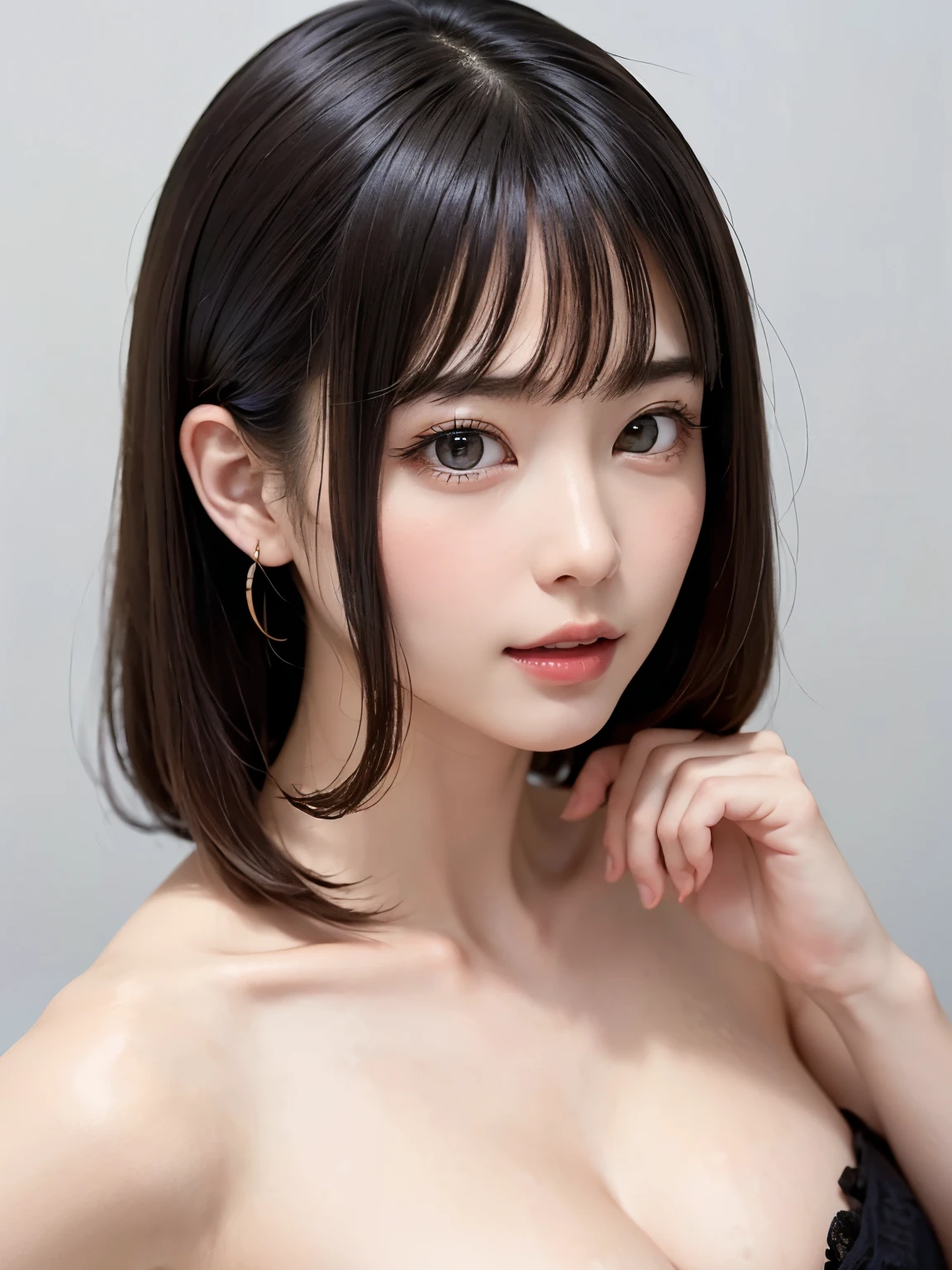 ((masterpiece, Highest quality, High resolution、Everything is beautifully detailed)), One Girl, (Realistic: 1.4), alone, White Background, snow-White Background, ((From above, A little above, look up at the viewer, look up, look up at the camera, Looking into the camera)), Mouth closed, smile, smile, smile, Beautiful black hair, bangsのあるショートヘア, Big eyes, Transparent double eyelids, eyelash, Listen carefully, Beautiful long neck, Absolute area, (Draw the whole head, shoulder), 19 years old, Attractive proportions, Glowing Skin, Beautiful clavicle, Golden ratio face, Perfect Face, Tearful mole, chestのほくろ, bangs, clean bangs, Lip gloss, Thin lips, Fair skin, naked, Big Breasts, Small face, Small face, Draw the whole head, draw all shoulder,Huge chest. Great chest、{huge|big|hugeな|Mega} chest, chestの谷間