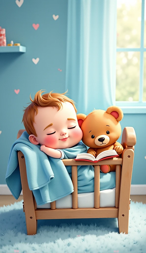 YouTube banner in the style of a children's illustration with the text “Starry Stories”. It shows a teddy bear and a child sitting on a bed reading a book. There is a warm glow coming from the open book. In the background is a soft blue sky with fluffy white clouds and a smiling sleeping moon. The overall design has gentle colors, soft lines and a soulful, soothing atmosphere.