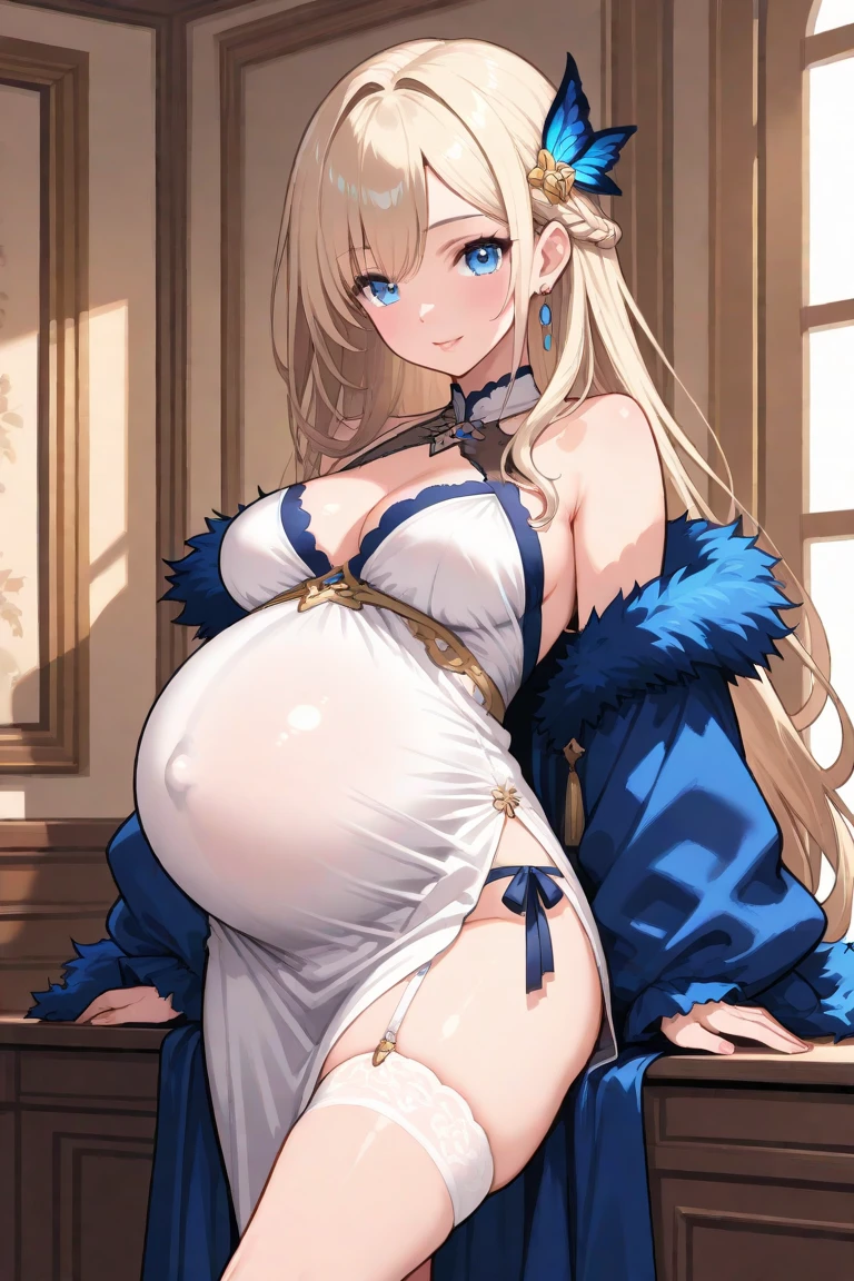 ((8k, 4k, Detailed, High quality, masterpiece, perfect anatomy)), furry, female, mature female, by buta99, snow leopard, sexy body, breasts, cute face, long white hair, blue eyes, leopard tail, tribal wedding dress, pregnant