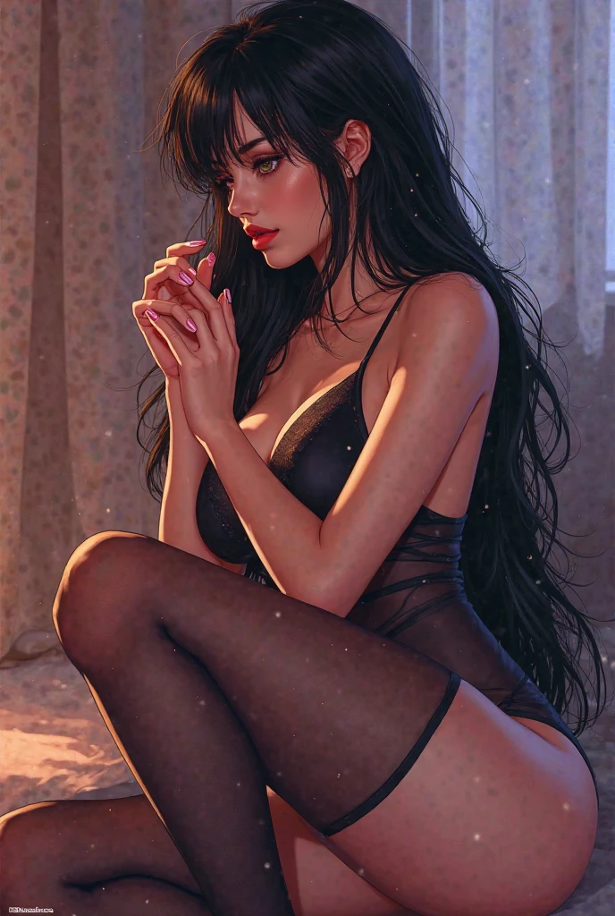1 beautiful woman, on the floor, statuesque body, eyelids painted, eyes outlined, mouth drooling, woman made up, body sweating, sleeping with her mouth open, sleeping sitting on the floor, dressed in a dress, eyes closed, mouth is wide open , resembling actress Monica Bellucci