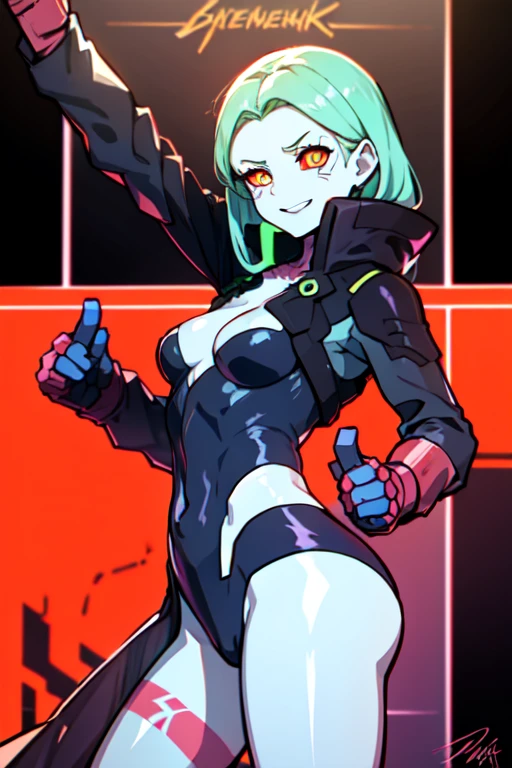 cyberpunk bunny girl com uma jaqueta de couro e orelhas de coelho roxo, franja roxa cabelo comprido, corpo inteiro, dinamico, action