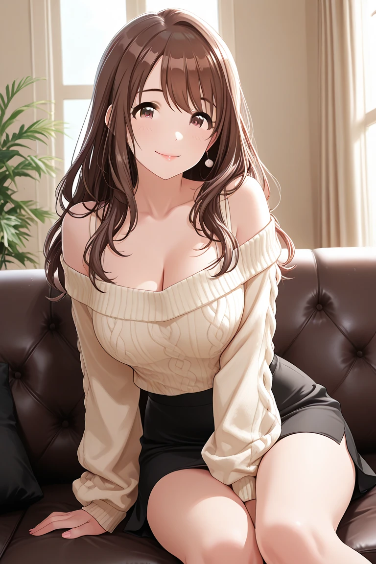 (Tabletop, Highest quality, High resolution, , Pixel Perfect, 4K,), 1 Girl, single, alone, Beautiful woman、I could see the whole body、 ((Wavy mid-length hair, bangs, Brown Hair)), ((Brown eyes, Beautiful eyelashes, Realistic eyes)), ((Detailed face, blush:1.2)), ((Smooth texture:0.75, Realistic texture:0.65, Realistic:1.1, Anime CG Style)), Center of chest, Dynamic Angle, Perfect body, ((, female teacher, , Earrings、necklace、Light beige open neck sweater、Long flared skirt in dark blue、Black knee-high stockings、Sitting on the floor、Please lift your skirt and show me your underwear..、A shy smile、Put your hands behind your back、Leaning forward、)), look up、Sit on the sofa、(、Pink lace panties、、Angle from below)、