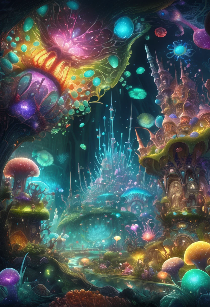 bacteria and viruses、A fantastic microscopic kingdom formed by genes, Microscopic Kingdom with Fantastical viruses" "Imagine a breathtaking world of microorganisms where cells and microbes have established an intricate nation with elaborate structures and vibrant cities, Within this fantastical microscopic realm delicate glowing bacteria with translucent wings live harmoniously interacting with their surroundings, The environment feels magical yet biological with a fusion of organic textures and luminescent colors, Include details like shimmering microbial landscapes dynamic interactions and an enchanting atmosphere that combines realism with fantasy, UHD, retina, masterpiece, accurate, super detail, high details, high quality, highres, best quality, 16k