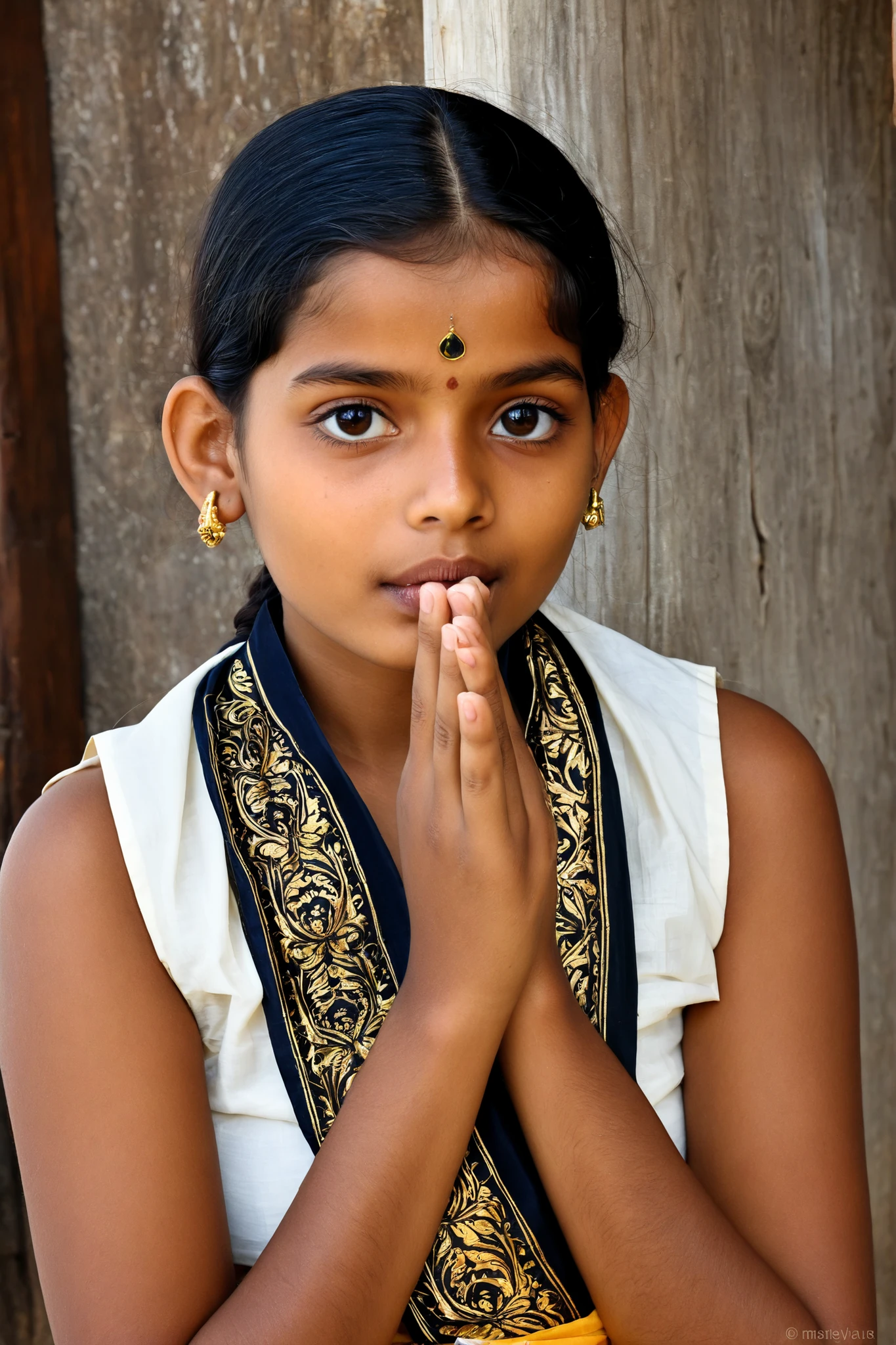 (Masterpiece: 1.1), (Best quality: 1.0), Ultra-detailed, 1 girl, aged 14, from India, wearing traditional Indian attire, showing her hands in front of a vintage Indian backdrop,
(Realistic: 1.2), (Photo-realistic: 1.15), High definition, 1 cute girl, aged 14, from India, wearing a colorful Indian saree or salwar kameez, displaying her hands against the soft, textured fabric,
(8K, best quality, masterpiece: 1.0), (Fine details: 1.2), Realistic rendering,