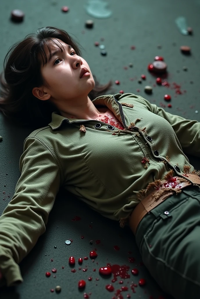 Best image quality, Excellent details, Ultra-high resolution, (realism: 1.3), ((Cowboy Shot:1.2)), Best illustrations, Favorite Details, A young Korean Idols woman and very condensed woman, 19 years old, Beautiful and delicate facial features, Perfect Proportions, ((From up)),((((Lie on your back on the ground, Close ~ eyes,defeat with blood)))),Perfect Breasts, Chubby:0.4, ((A swollen belly like perfect body woman)),((I like school korean suits, white mech, Military Harness)), The background is a water, (wet shot:0.4).