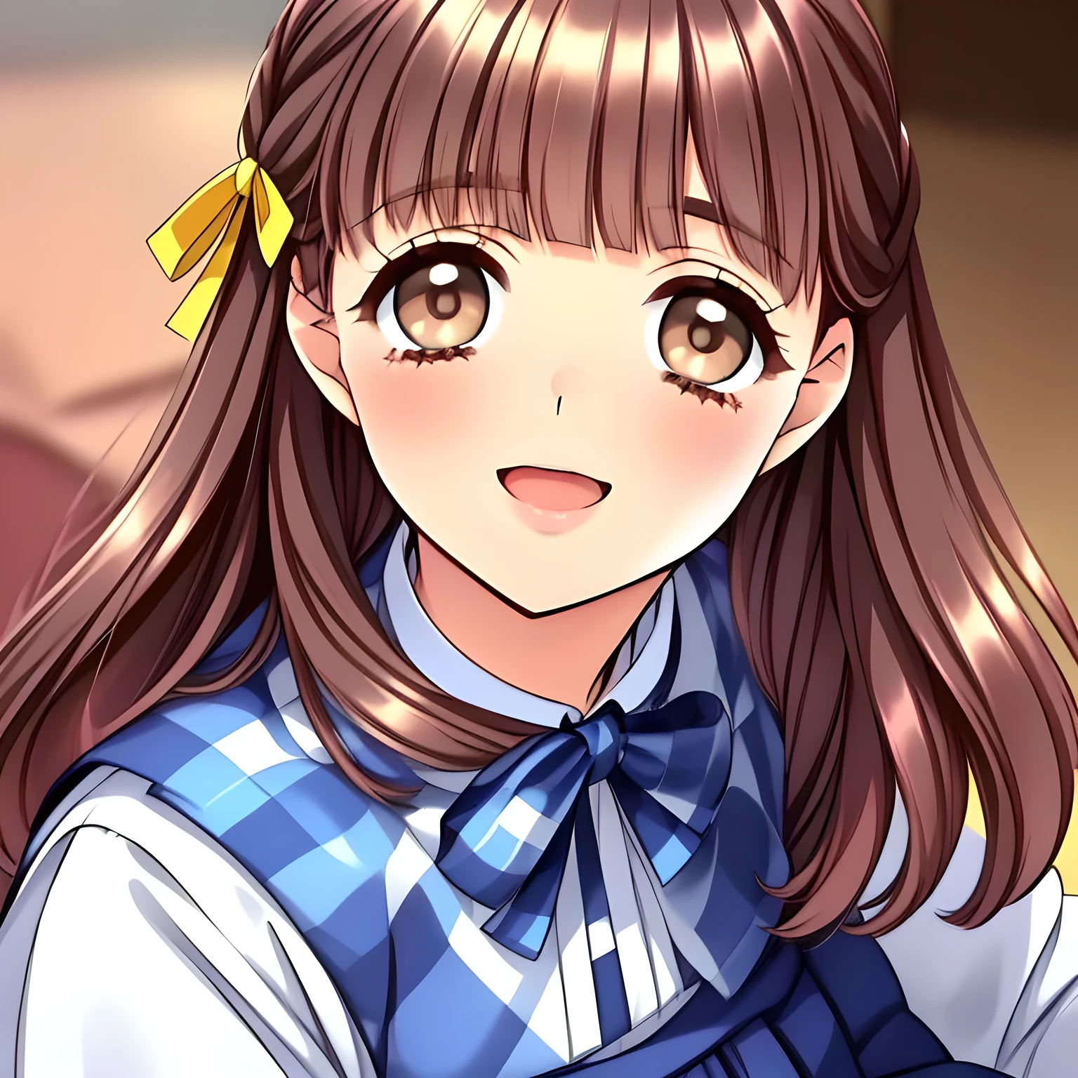 (highest quality, masterpiece:1.2), highest quality, High resolution, 1080p, 8K, (beautiful pretty noble succubus of (love-story comic heroines) are seated in a train, hypnotizing me by their neat beauty, Forcibly extracting everything from the viewer, (intelligent and perfectly balanced slender style), (long neck), neat & clean, lovely strong charm, cutely tilted head, 8), (Too noble beautiful lady like a love-story comic heroine), (laughing like watching a comedy), A very lovely, very noble, pretty and pure beautiful girls. ((neat innocent ears)), ((white grown face)), Using expensive whitening cosmetics by cosmetics artist: 1.2), (Too beautiful blue fascinating shiny (double-lidded) (brown eyes) with love to the viewer, ((deep upper girly eyelid)), ((huge eye pupils)), laughing with detailed clearly: 1.5), (((Dark blue vest school uniform)), (Neat smart (white school blouse))): 1.8), (A very neat, ((realistic), (dark-blue) pleated blue school (beautifully checkered) skirt): 1.6), (too pretty shiny big (red realistic school ribbon tie)): 1.5), (Shiny love-story heroine lips, open mouth: 1.0), ((amazingly beautiful black braids hair is blowing in the wind: 1.5)), (Hair Ribbon ties (black hair), The ribbon is big and very pretty), (slender, small face: 1.5), (The viewer can't stop submitting everything white inside him to her body and face: 1.8), (The lady knows well about the viewer's super fetishism for school uniforms, and satisfies it completely in the viewer's lewd dream: 1.7), (Gorgeous atmosphere In a train limited for beautiful girls bound for girl's school directly early in the morning: 1.5), (Everything is organized to have strong effect of hypnosis for the viewer to fall into happy dream with many beautiful girls: 1.5), (The viewer must be transferred to the world of only beautiful girls right now when he sees the eyes of girls in this picture: 2), (many girls are convulsed with laughter, ridicule at me, toying with my one!!: 2)