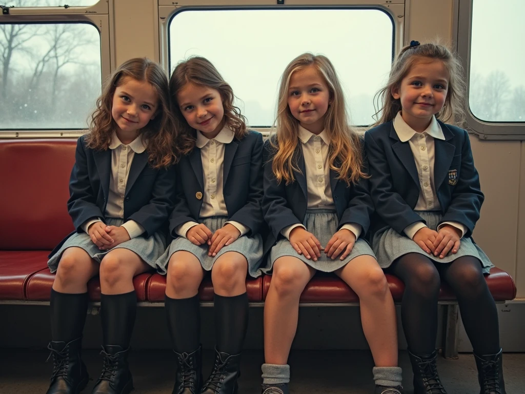 Beautiful 9 year old Russian girl, long blonde hair, blue eyes, tiny plaid blue skirt, nice legs, being abused by several adult men on the bus