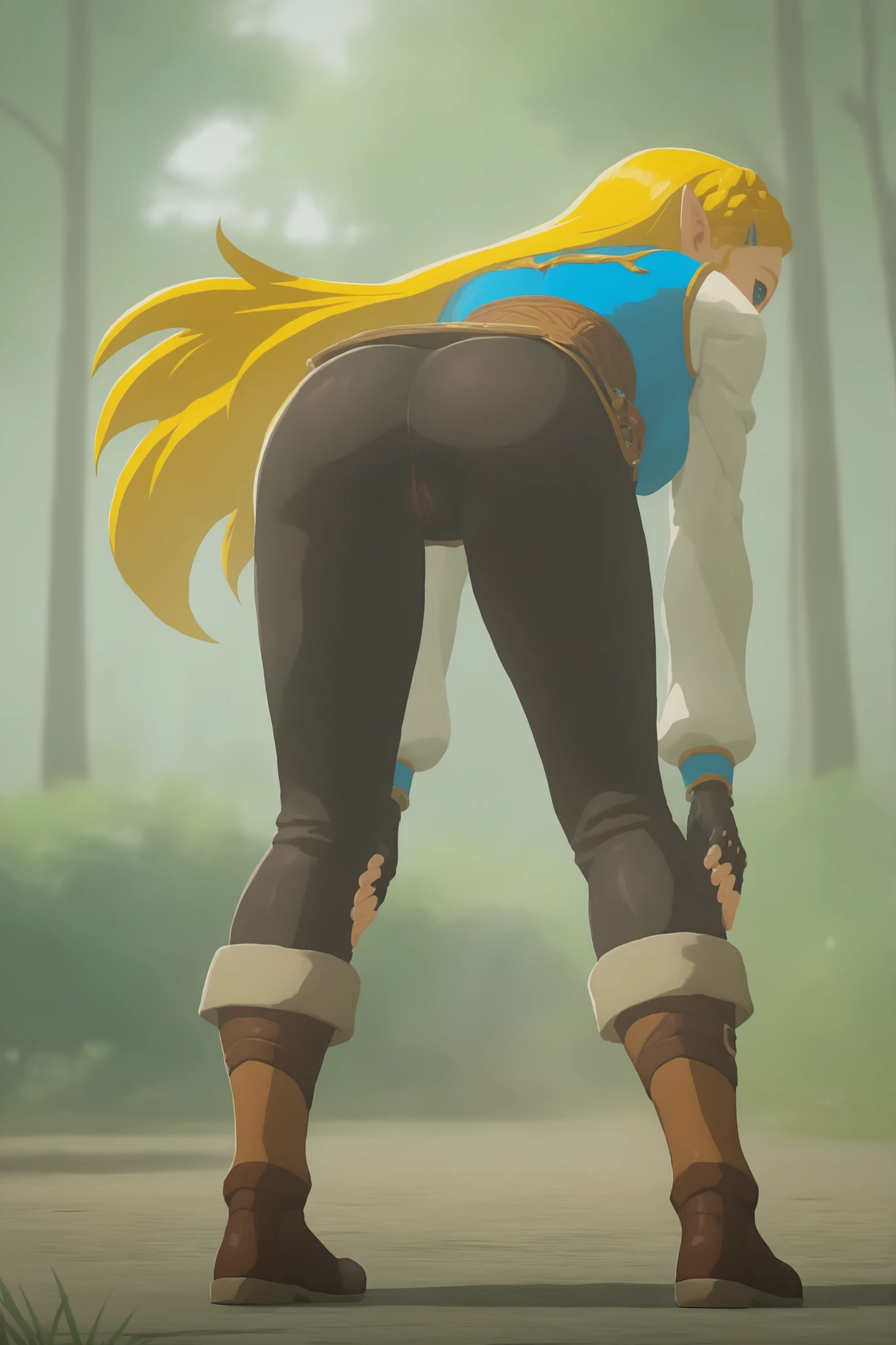 NSfw, cute, erotic, realistic shadows, (solo), (1girl), BREAK source_anime, no shadows, shadowless
ChopioZelda, (full body shot), ((back view)), ((see through clothes)), blonde hair, aqua eyes, pointy ears,
long hair, crown braid, sidelocks, parted bangs, hairclip, medium breasts, round ass, beautiful ass, beautiful body, (thick tights),
outfit_1, blue crop top, gold trim, white undershirt, breastplate, layered sleeves, brown sash, black gloves, fingerless gloves, (tight black pants), knee boots, brown footwear, pouch,
outdoors, sunny day, forest, parted lips, (standing up), ((bending forward)) , (hands on knees), exhausted, heavy breathing, moaning, aroused, eyes closed, pain expression, wet, sweating, pants pulled down, nude, exposed ass, exposed vagina, vagina, 