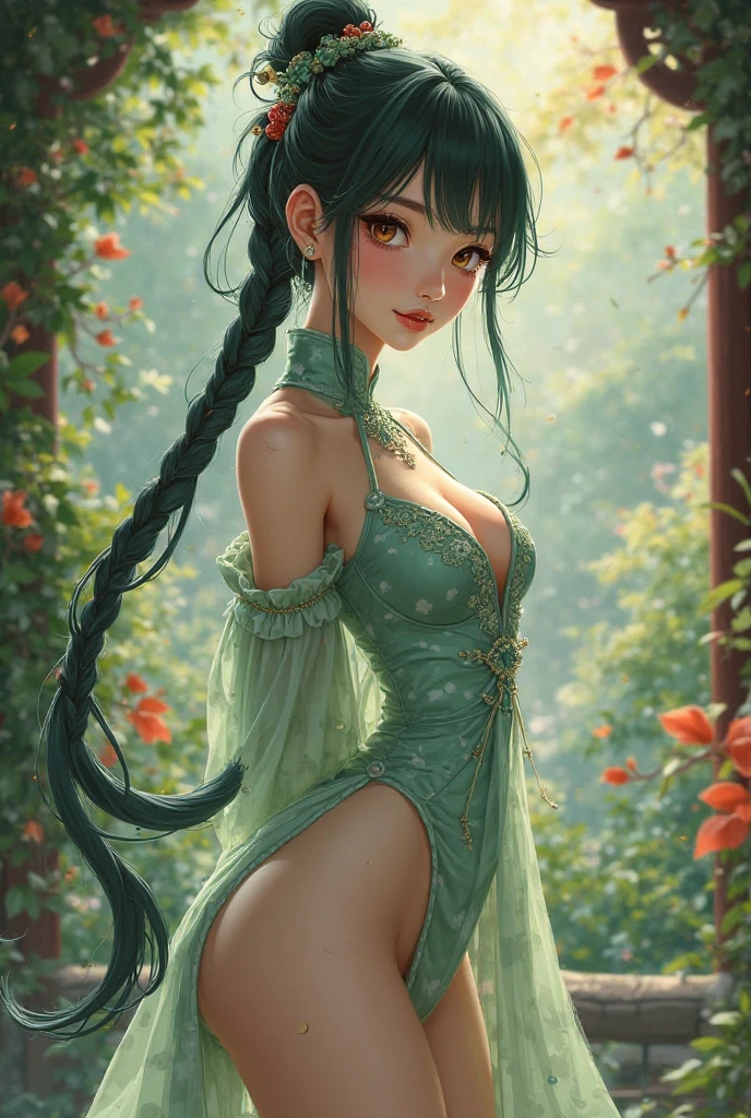 high details, best quality, 16k, [ultra detailed], masterpiece, best quality, (extremely detailed), full body, ultra wide shot, photorealistic, fantasy art, dnd art, rpg art, realistic art, an ultra wide picture of a exotic, exquisite beautiful woman wearing ((black Cheongsam with lively vivid flowers, the flowers grow from the Cheongsam to be alive : 1.5), she wears, (knee high laces heel boots: 1.2), (light green hair: 1.2), long hair, wavy hair, pale skin, (deep blue eyes, Intense gaze: 1.2), fantasy druid grove background, dynamic background, high details, best quality, highres, ultra wide angle, flower dress, DruidMagicAI